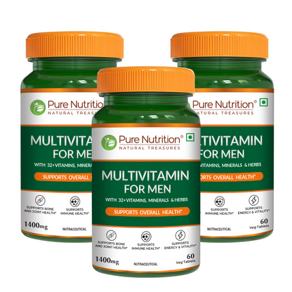 Pack of three Pure Nutrition Multivitamin for Men bottles for daily nutritional support.
