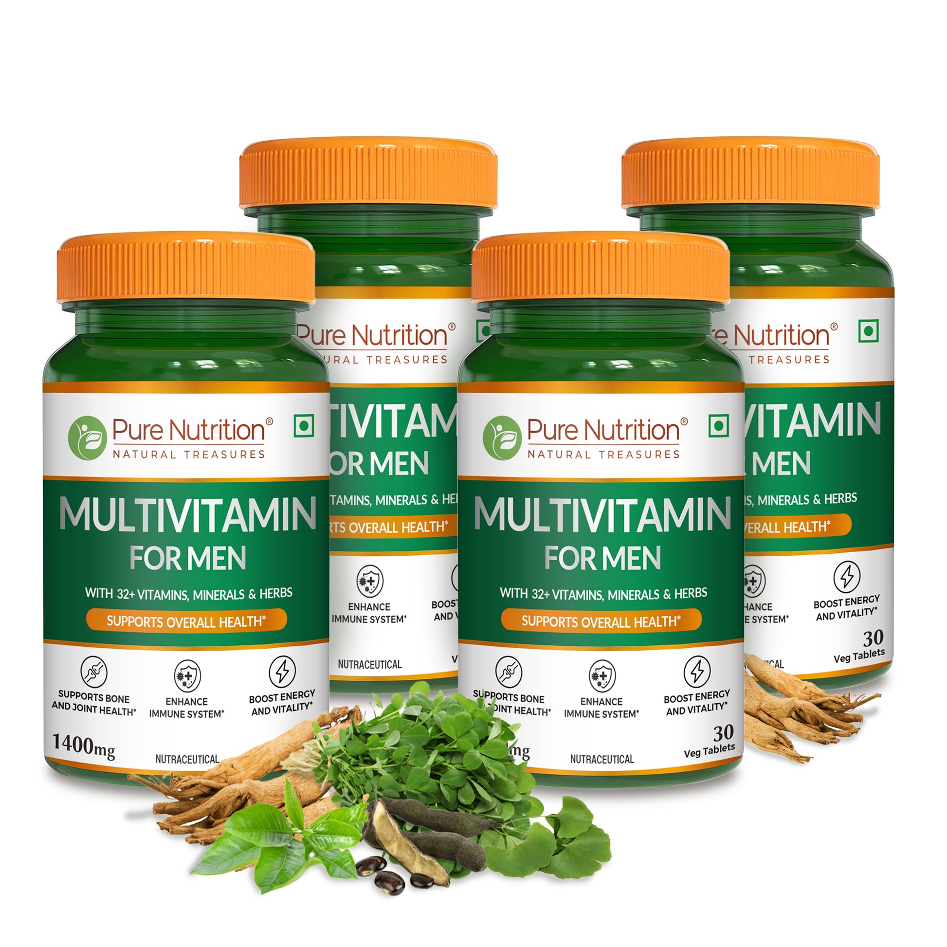 Four bottles of Pure Nutrition Multivitamin for Men with essential vitamins, minerals and herbal extracts for long-term daily nutrition.