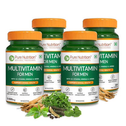 Four bottles of Pure Nutrition Multivitamin for Men with essential vitamins, minerals and herbal extracts for long-term daily nutrition.