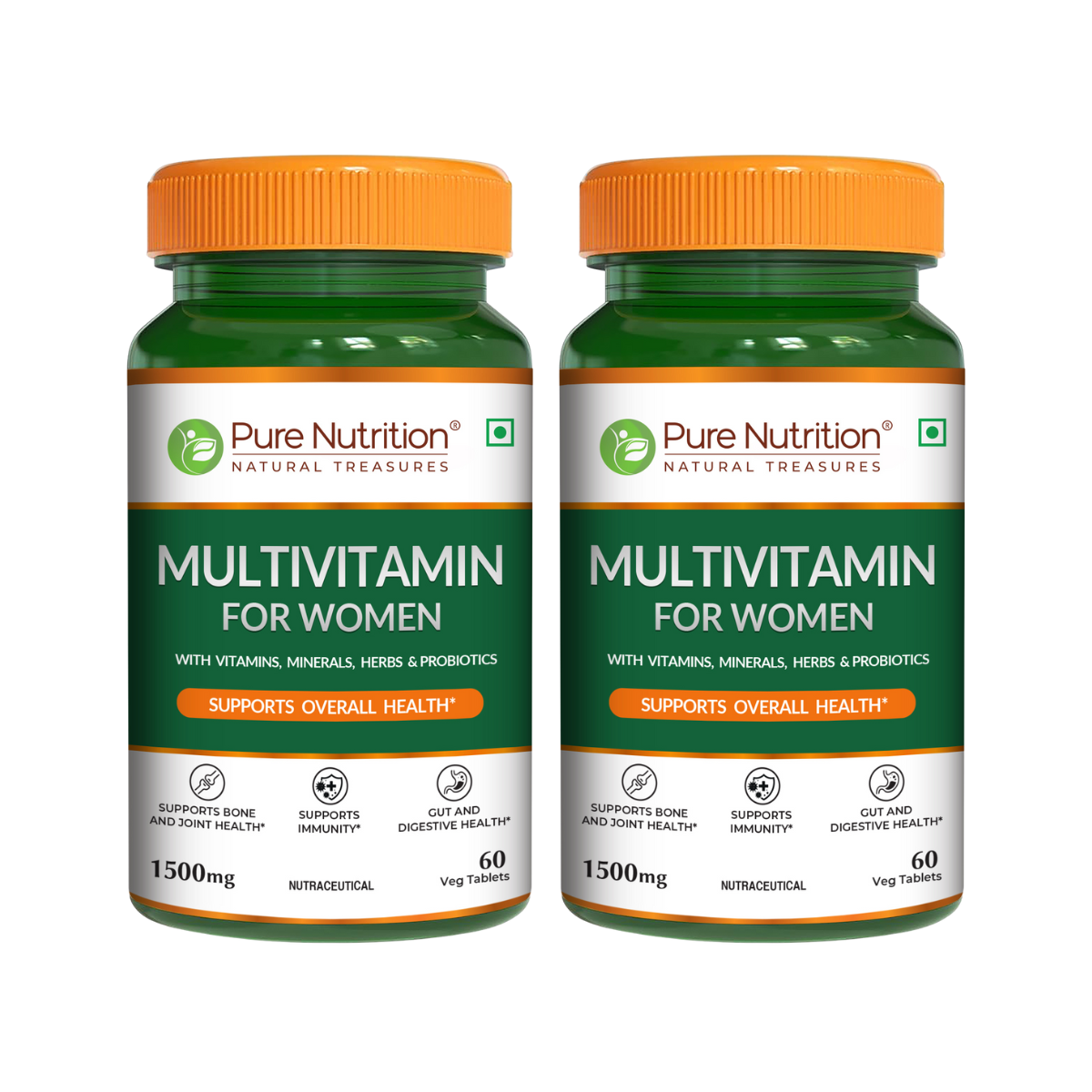 Pack of two Pure Nutrition Multivitamin for Women bottles with vitamins, minerals and probiotics.