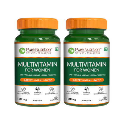 Pack of two Pure Nutrition Multivitamin for Women bottles with vitamins, minerals and probiotics.