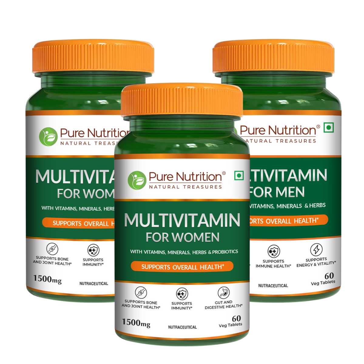 Pack of three Pure Nutrition Multivitamin for Women bottles for daily nutritional support.