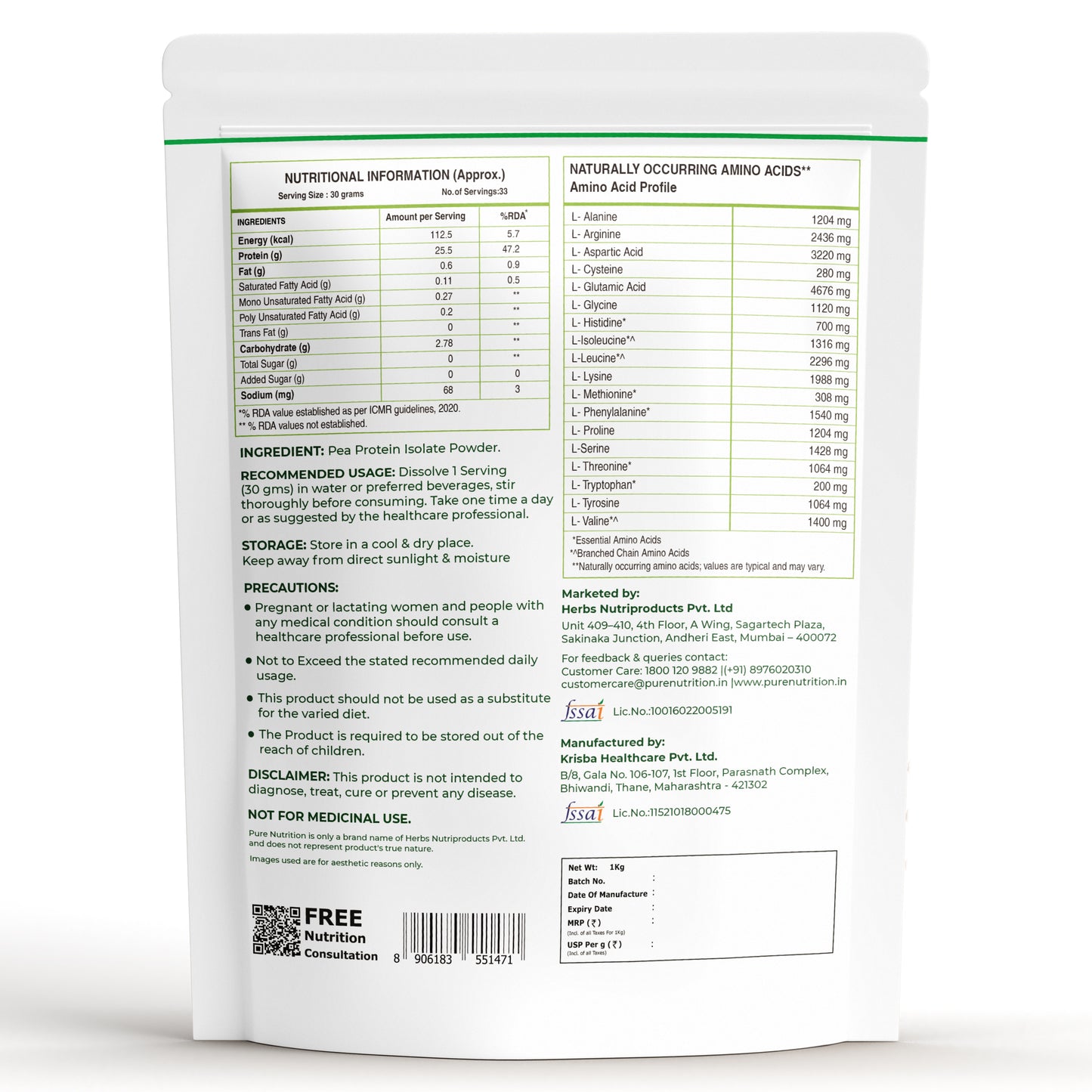 Back of Pure Nutrition Pea Protein pouch displaying nutritional facts, amino acid profile, usage, and manufacturer details.