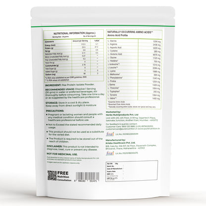 Back of Pure Nutrition Pea Protein pouch displaying nutritional facts, amino acid profile, usage, and manufacturer details.