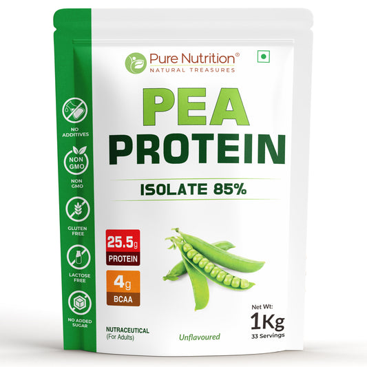 Pure Nutrition unflavoured Pea Protein Isolate 85% 1kg pouch with 25.5g protein and 4g BCAA per serving.