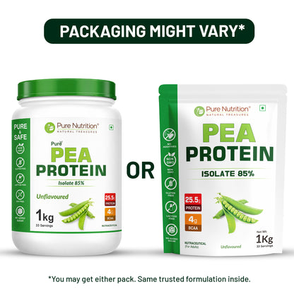 Pure Nutrition Pea Protein Isolate 1kg packaging options showing identical formulation in both jar and pouch formats.