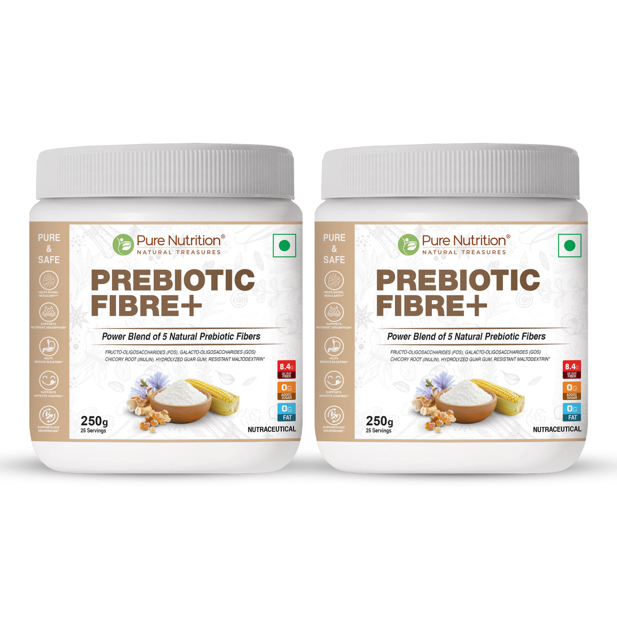 Pure Nutrition Prebiotic Fibre+ jars featuring a blend of natural prebiotic fibers