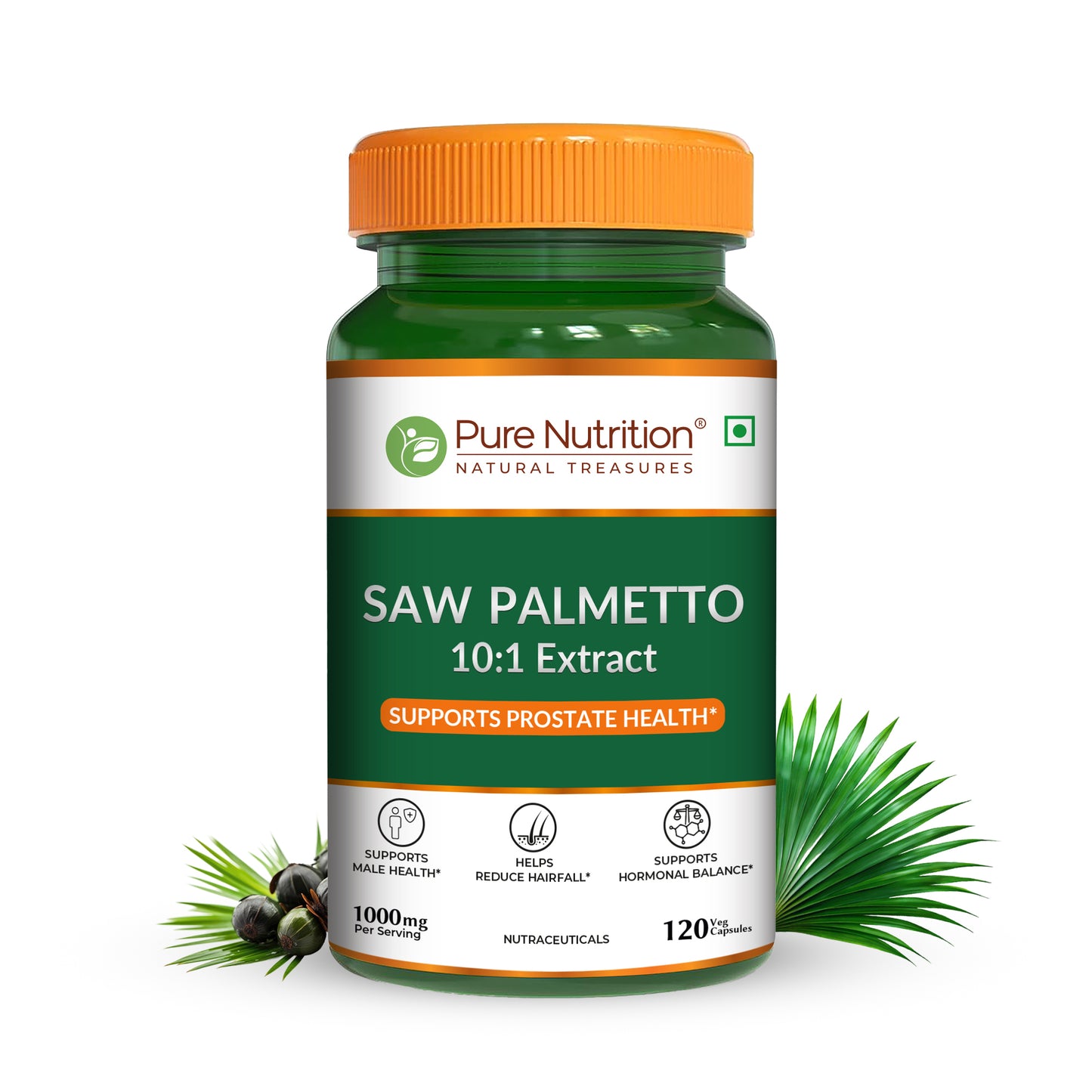 Pure Nutrition Saw Palmetto 10:1 Extract 120 capsules bottle displayed with raw saw palmetto berries and palm leaves.