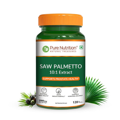 Pure Nutrition Saw Palmetto 10:1 Extract 120 capsules bottle displayed with raw saw palmetto berries and palm leaves.