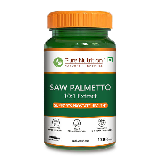 Pure Nutrition Saw Palmetto 10:1 Extract. 120 veg capsules supporting prostate health and reducing hairfall.