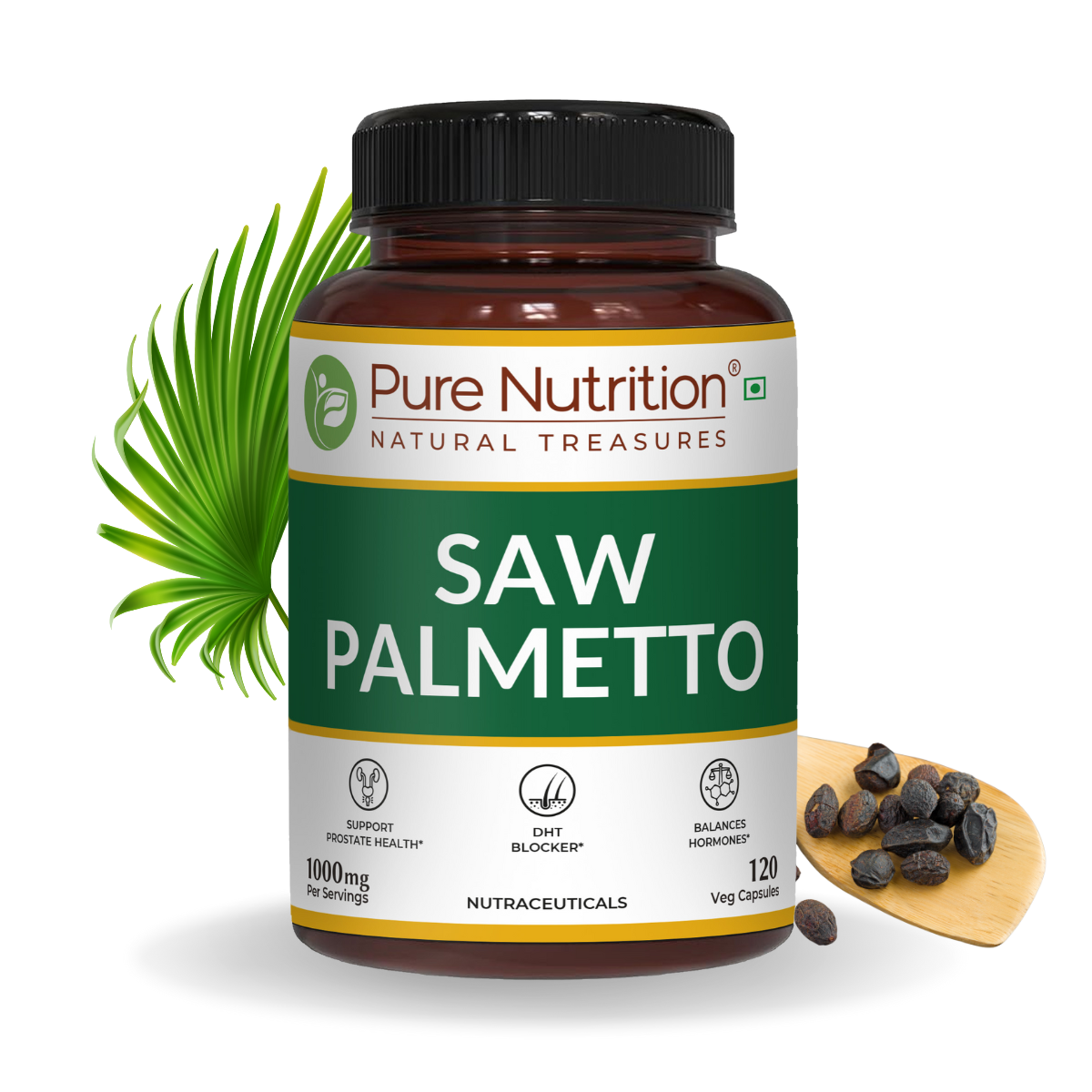 Pure Nutrition Saw Palmetto 120 capsules in a brown bottle, displayed with natural saw palmetto berries and a leaf.