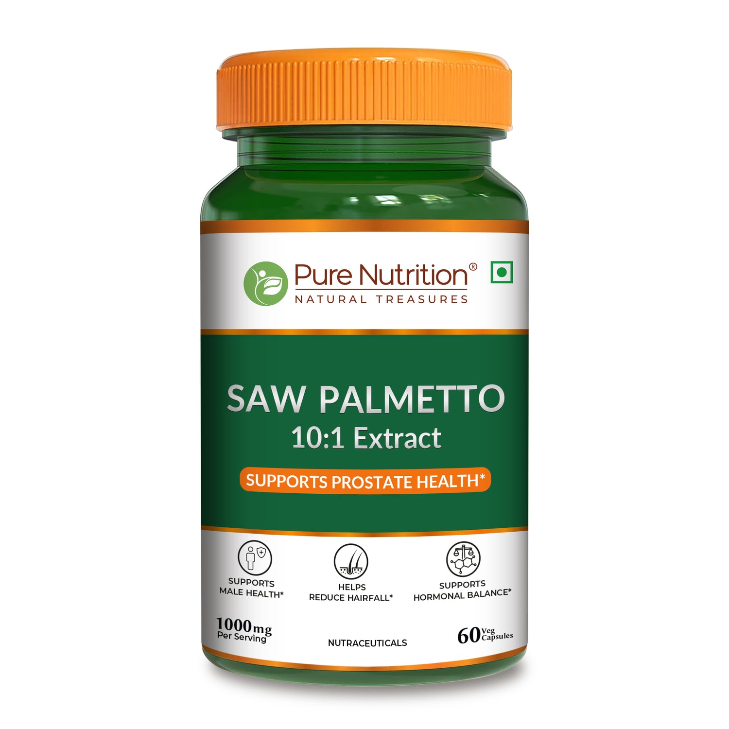 Pure Nutrition Saw Palmetto 10:1 Extract bottle. 60 veg capsules supporting prostate health and hormonal balance.
