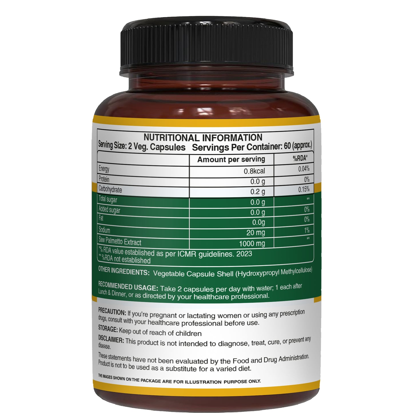Back label of Pure Nutrition Saw Palmetto brown bottle showing nutritional information and recommended usage.