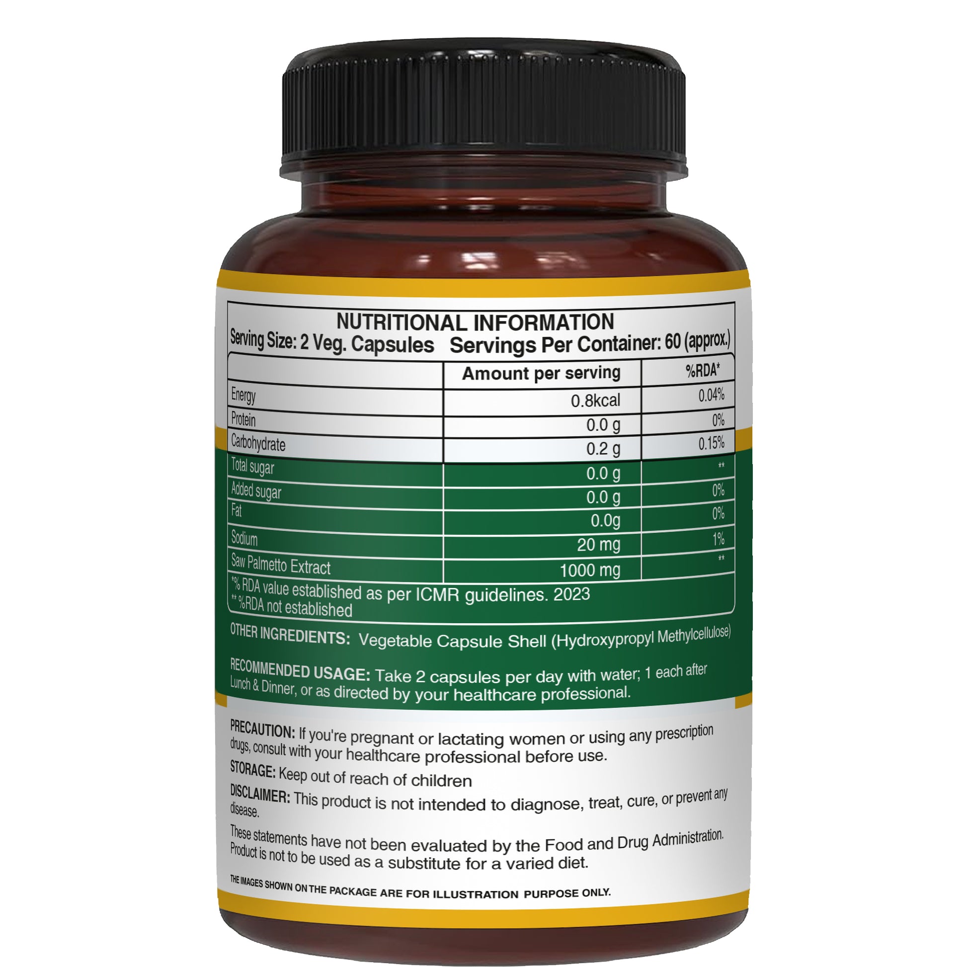 Back label of Pure Nutrition Saw Palmetto brown bottle showing nutritional information and recommended usage.