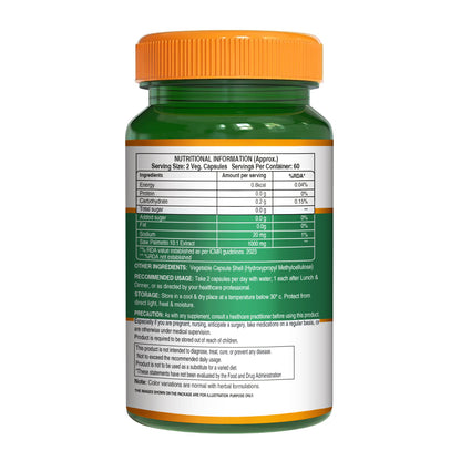 Back label of Pure Nutrition Saw Palmetto green bottle detailing nutritional facts, ingredients, and storage instructions.