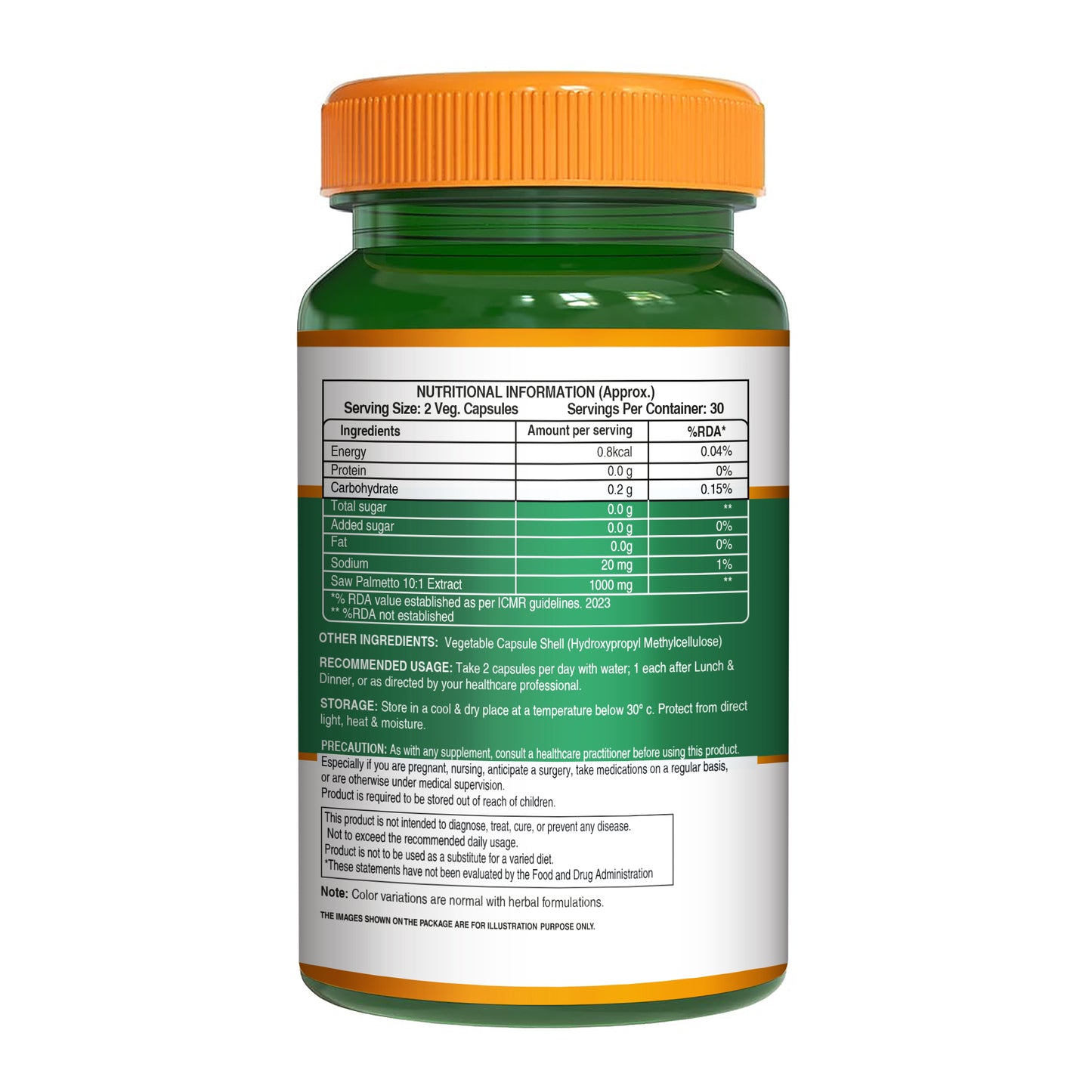 Back of Pure Nutrition Saw Palmetto bottle showing nutritional information, ingredients, and recommended usage.