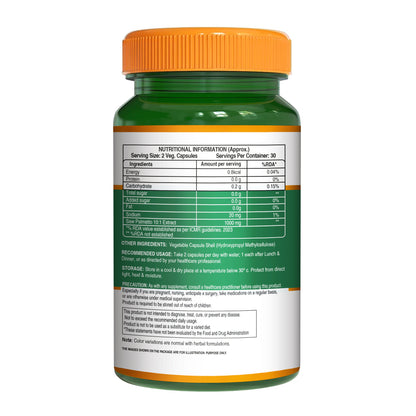 Back of Pure Nutrition Saw Palmetto bottle showing nutritional information, ingredients, and recommended usage.