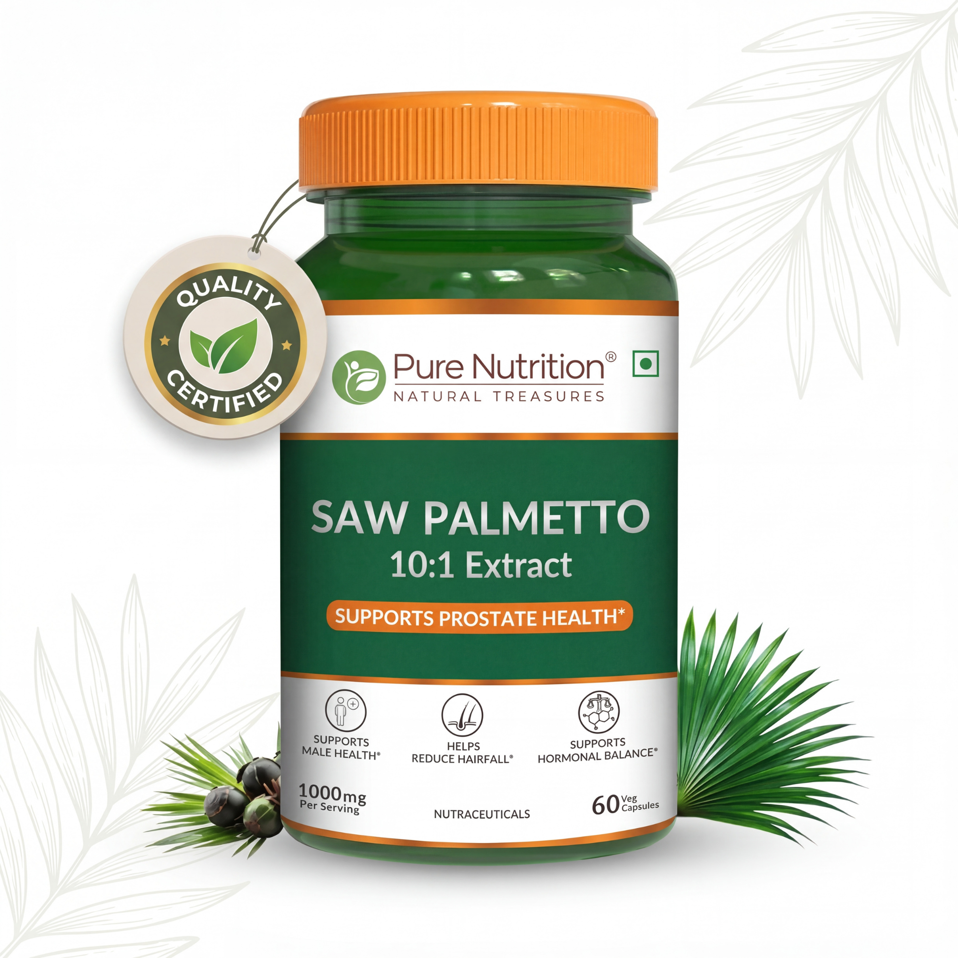Quality certified Pure Nutrition Saw Palmetto extract bottle surrounded by palm leaves, supporting male health.