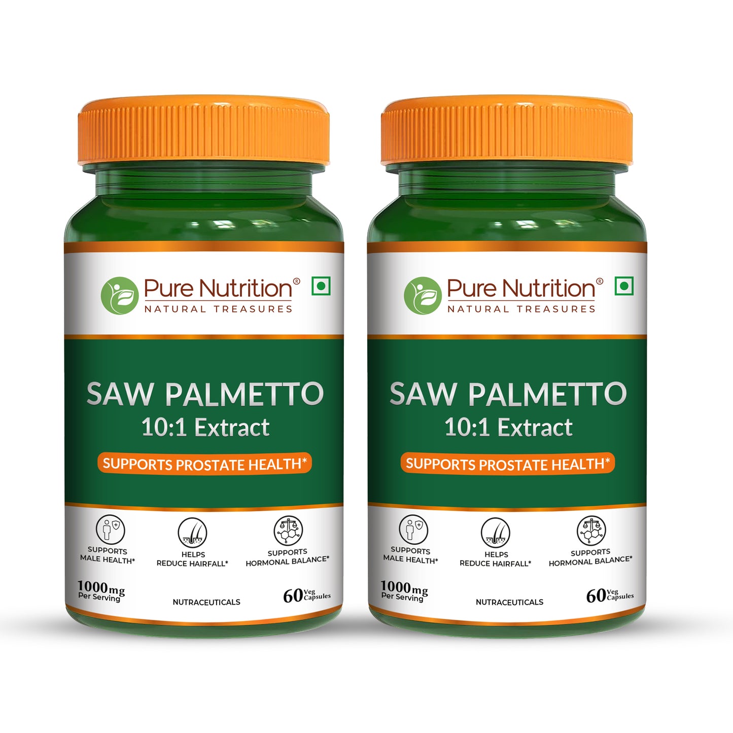 Twin pack of Pure Nutrition Saw Palmetto 10:1 Extract. Two 60-capsule bottles supporting prostate health and hair growth.