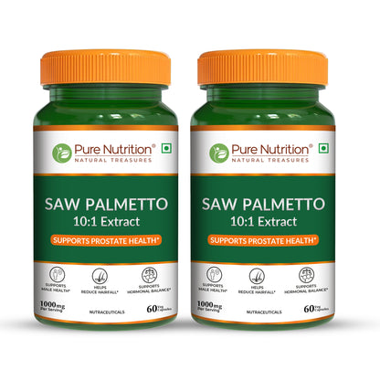 Twin pack of Pure Nutrition Saw Palmetto 10:1 Extract. Two 60-capsule bottles supporting prostate health and hair growth.