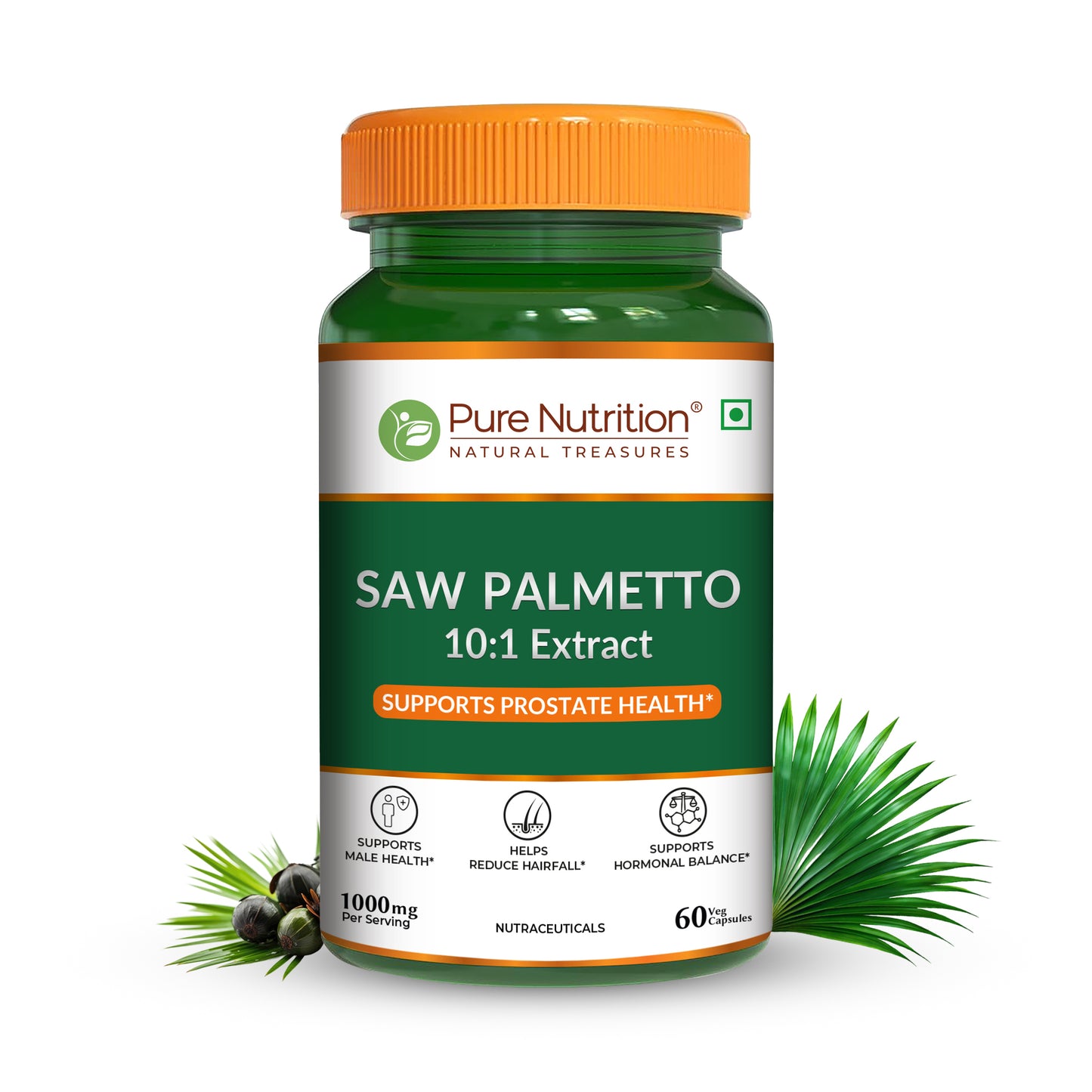 Pure Nutrition Saw Palmetto 10:1 Extract bottle displayed with raw saw palmetto berries and palm leaves.