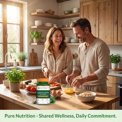 Happy couple cooking together showing a daily commitment to shared wellness with Pure Nutrition.