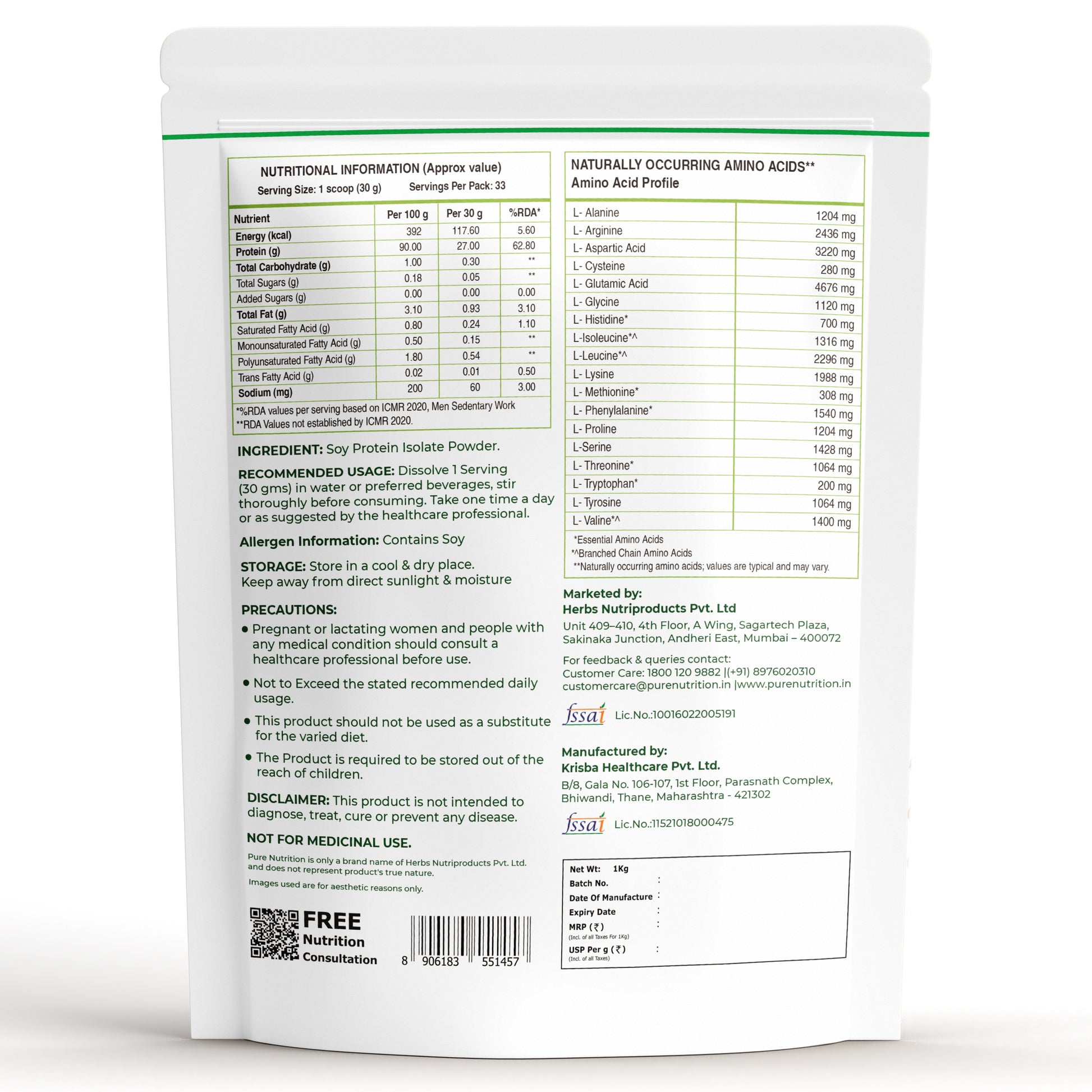 Back of Pure Nutrition Soy Protein pouch displaying nutritional facts, amino acid profile, usage, and manufacturer details.