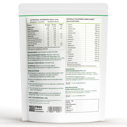 Back of Pure Nutrition Soy Protein pouch displaying nutritional facts, amino acid profile, usage, and manufacturer details.