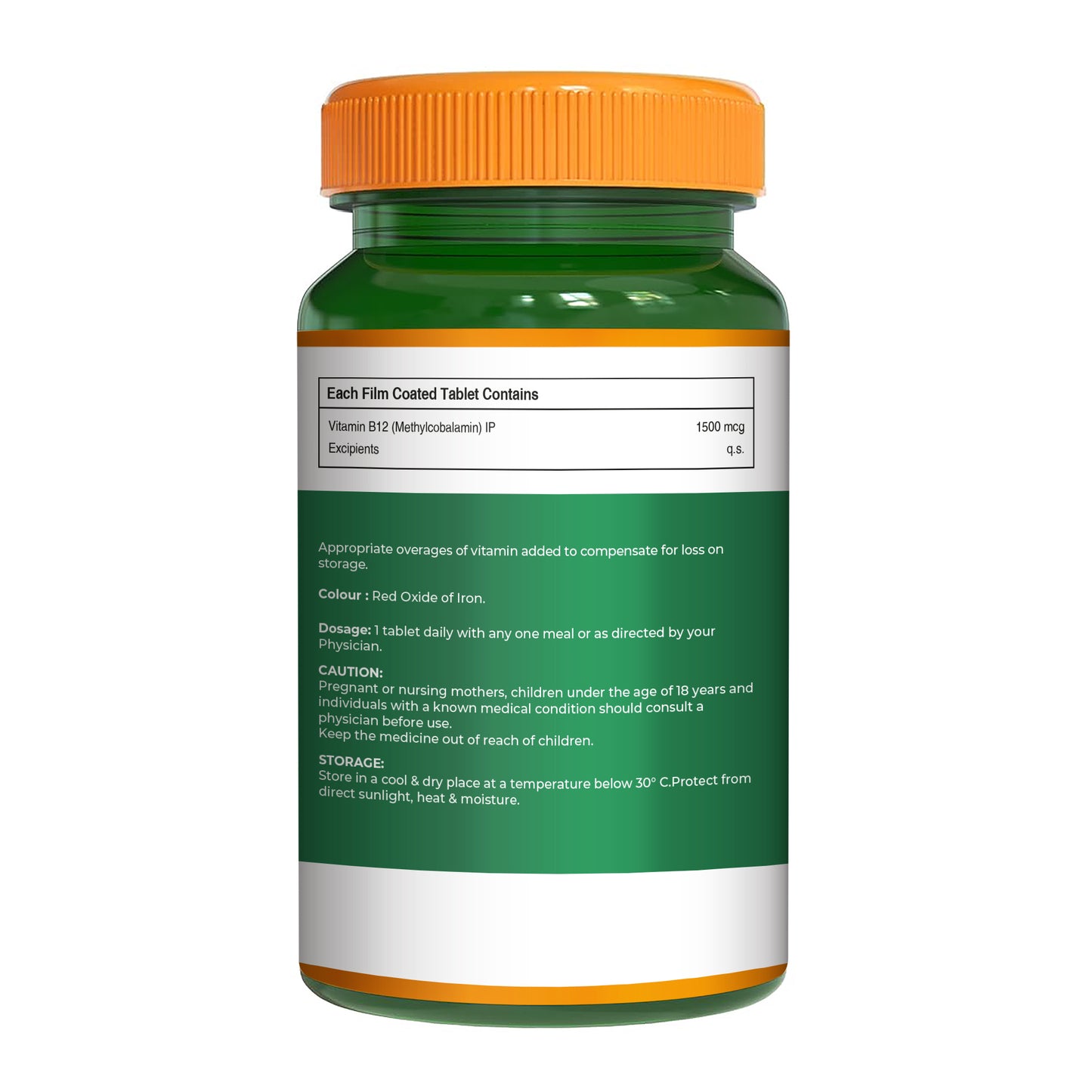 Back label of Pure Nutrition Vitamin B12 showing each film-coated tablet contains 1500mcg Methylcobalamin.