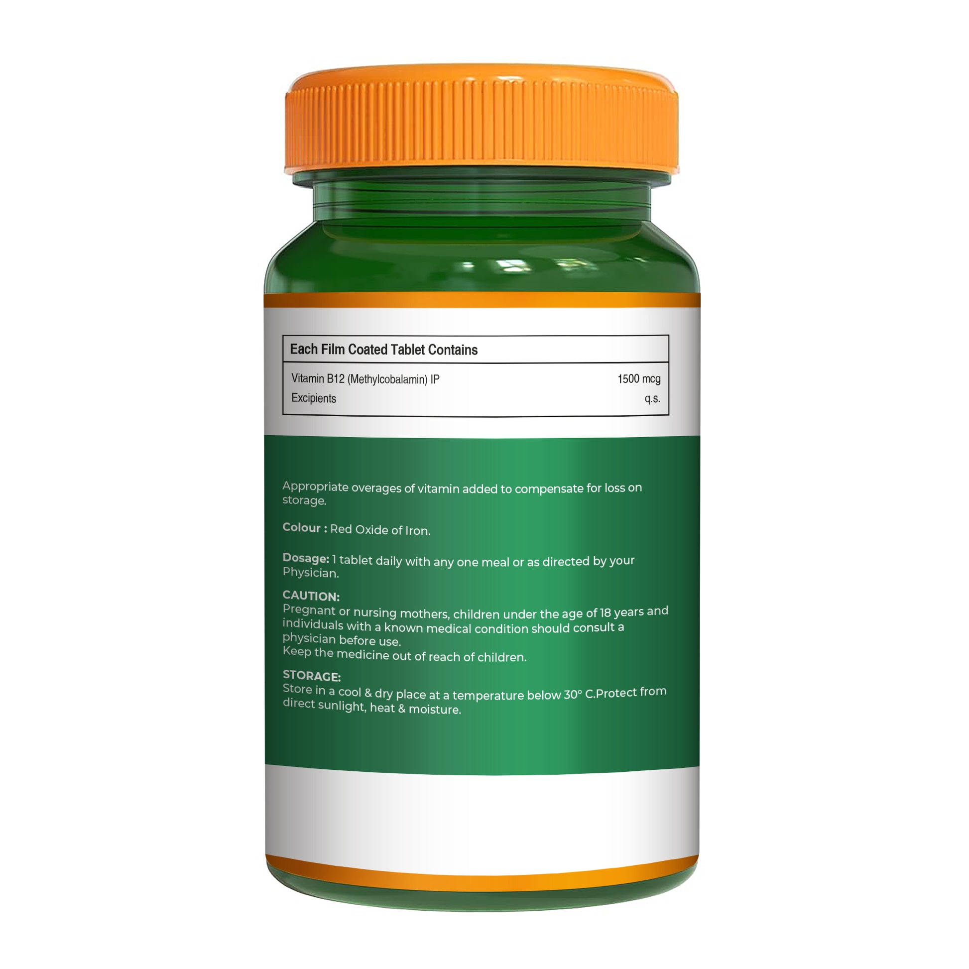 Back label of Pure Nutrition Vitamin B12 showing each film-coated tablet contains 1500mcg Methylcobalamin.