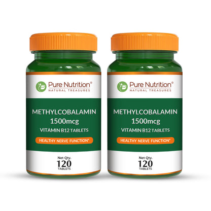 Twin pack bundle of Pure Nutrition Methylcobalamin 1500mcg containing two 120-tablet bottles.