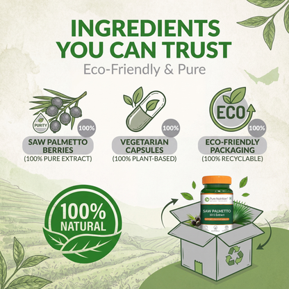 Pure Nutrition Saw Palmetto uses 100% natural berry extract, vegetarian capsules, and recyclable eco-friendly packaging.