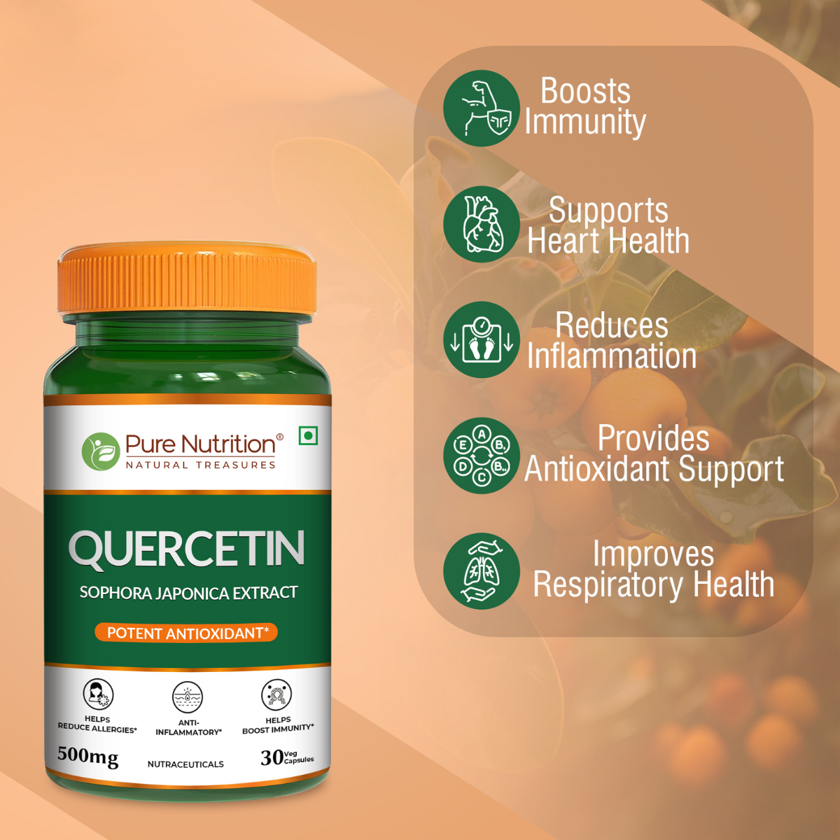 Quercetin 500mg – Antioxidant & Immune Support | 30 Veg Capsules