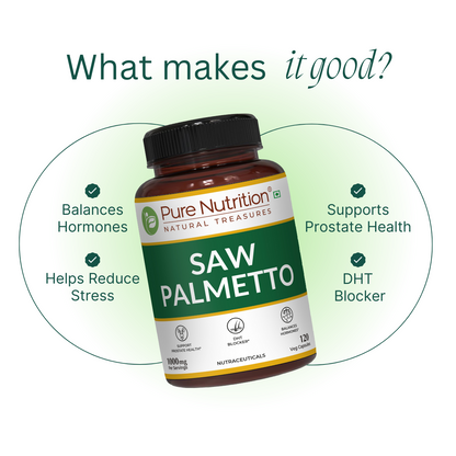 Infographic of Saw Palmetto benefits: balances hormones, blocks DHT, reduces stress, and supports prostate health.