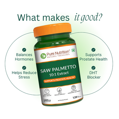Infographic showing Pure Nutrition Saw Palmetto benefits: balances hormones, reduces stress, and blocks DHT.