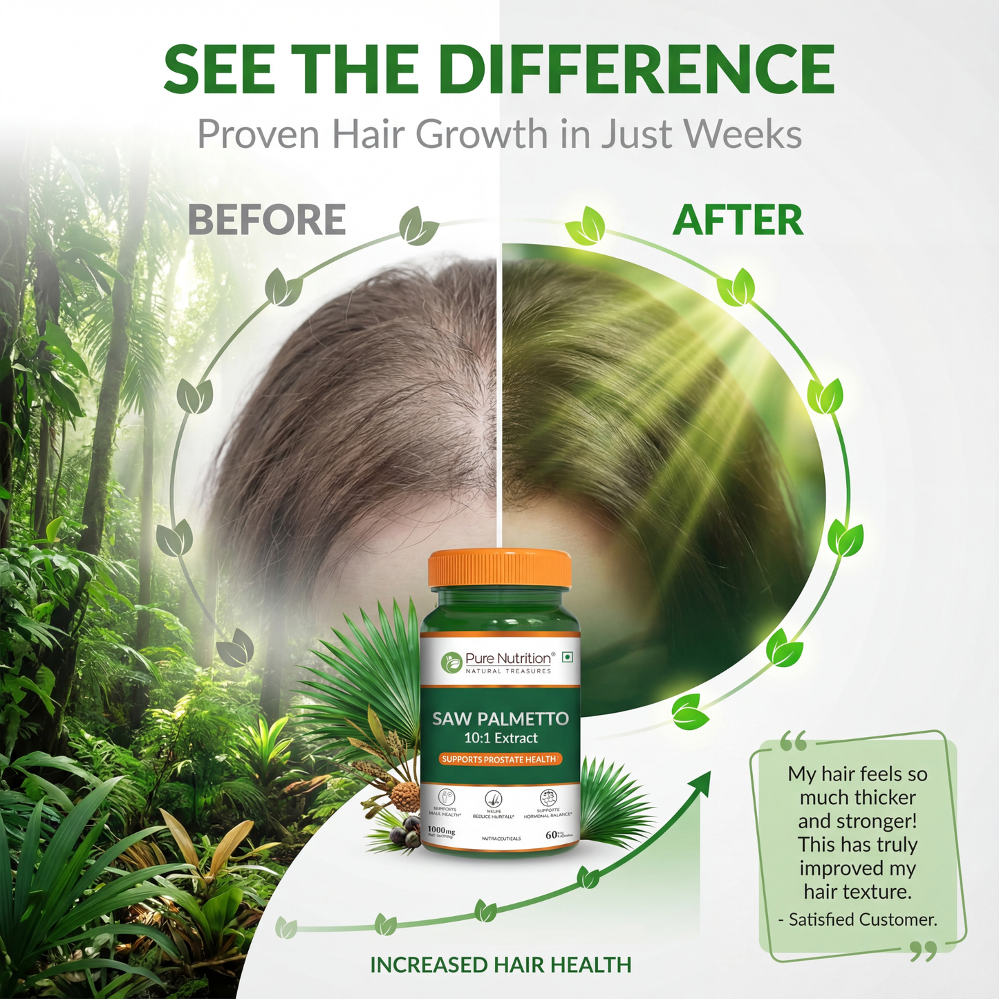 Before and after results showing thicker hair growth in weeks using Pure Nutrition Saw Palmetto supplement.