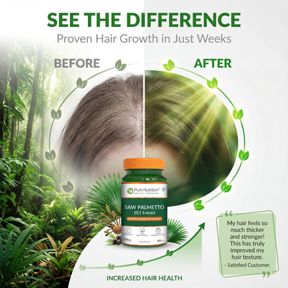 Before and after results showing thicker hair growth in weeks using Pure Nutrition Saw Palmetto supplement.