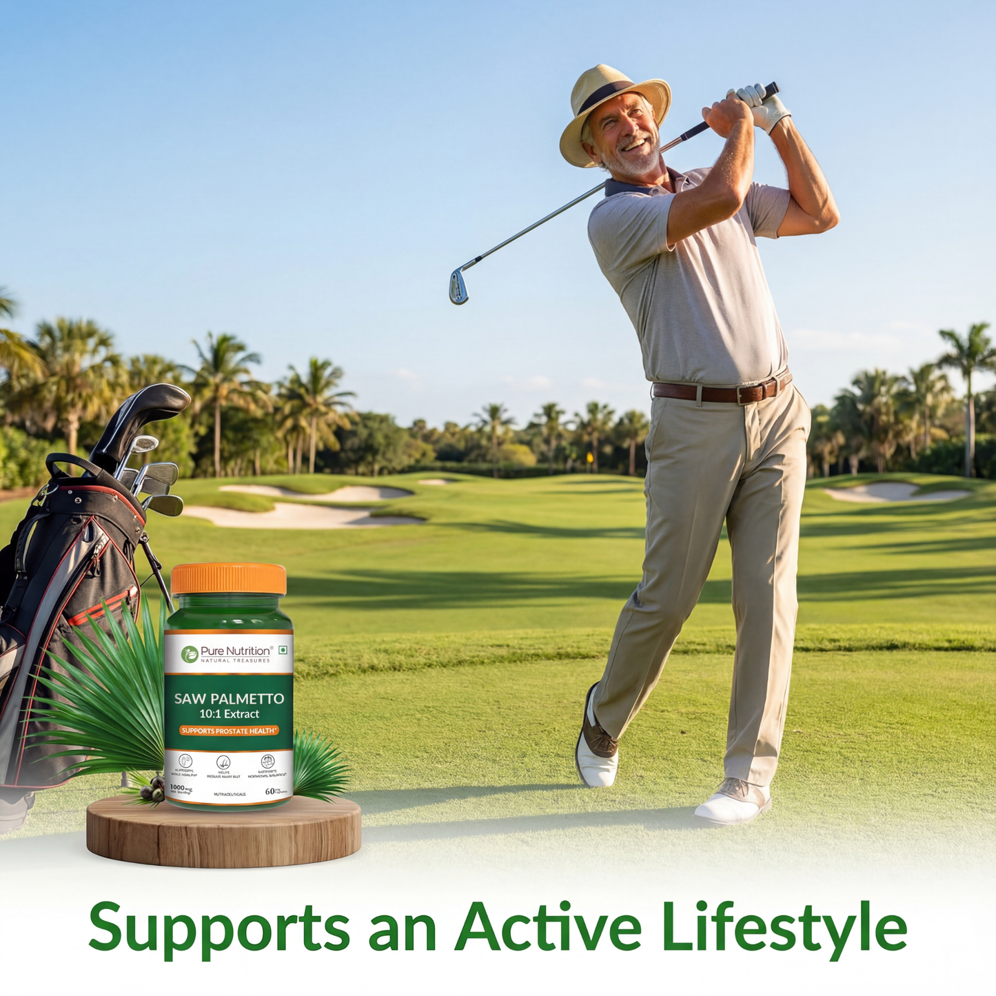 Happy senior man playing golf demonstrating how Pure Nutrition Saw Palmetto supports an active lifestyle.
