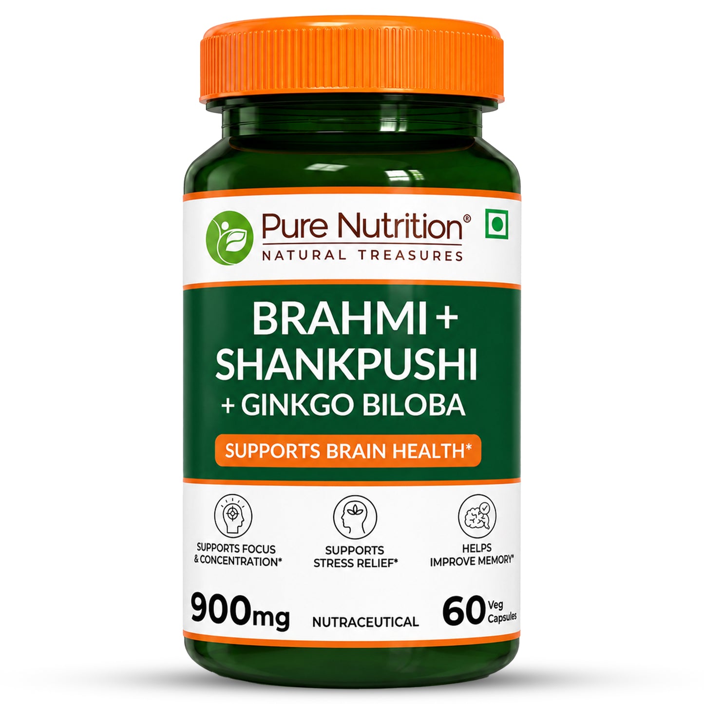 Brahmi + Shankhpushpi + Ginkgo Biloba | 900mg | 60 Veg Capsules