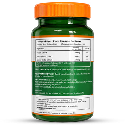 Brahmi + Shankhpushpi + Ginkgo Biloba | 900mg | 60 Veg Capsules