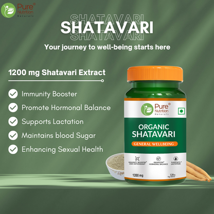 Pure Nutrition Organic Shatavari | Boosts Immunity, Digestion | Ayurvedic & Herbal Supplement | Helps Balance Women's Hormones & Reproductive Health - 120 Tablets