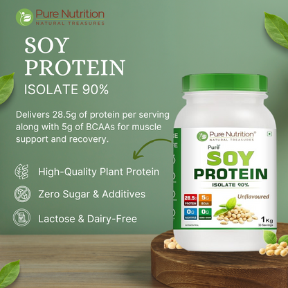 Pure Nutrition Soy Protein Powder, 100% Pure - 1kg | Isolate 90%, Unflavoured - For Muscle Growth, Recovery, and Overall Health.