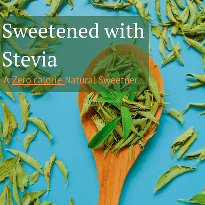 Fresh and dried stevia leaves in a wooden spoon, representing a natural zero-calorie sweetener used in plant-based protein and healthy nutrition.