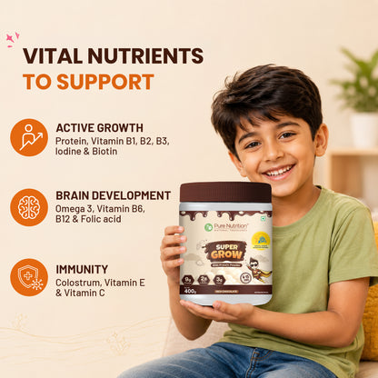 Young boy holding Super Grow kids protein powder highlighting nutrients that support growth, brain development, immunity, and energy.