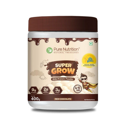 Super Grow kids protein powder in rich chocolate flavour formulated to support healthy growth, nutrition, and development for children.
