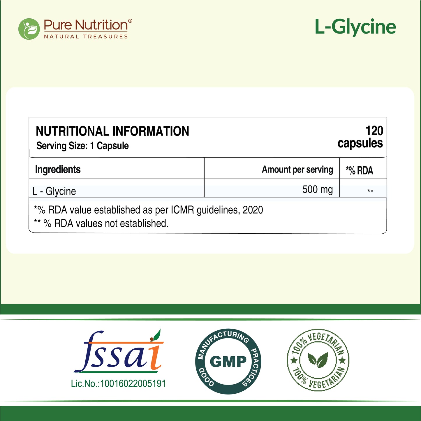 Pure Nutrition L-Glycine | 500 mg | 120 Veg Capsules