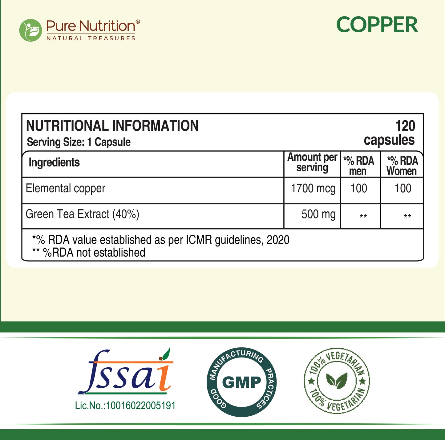 Pure Nutrition Copper Gluconate – 120 Veg Capsules