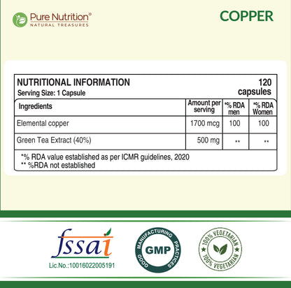Pure Nutrition Copper Gluconate – 120 Veg Capsules