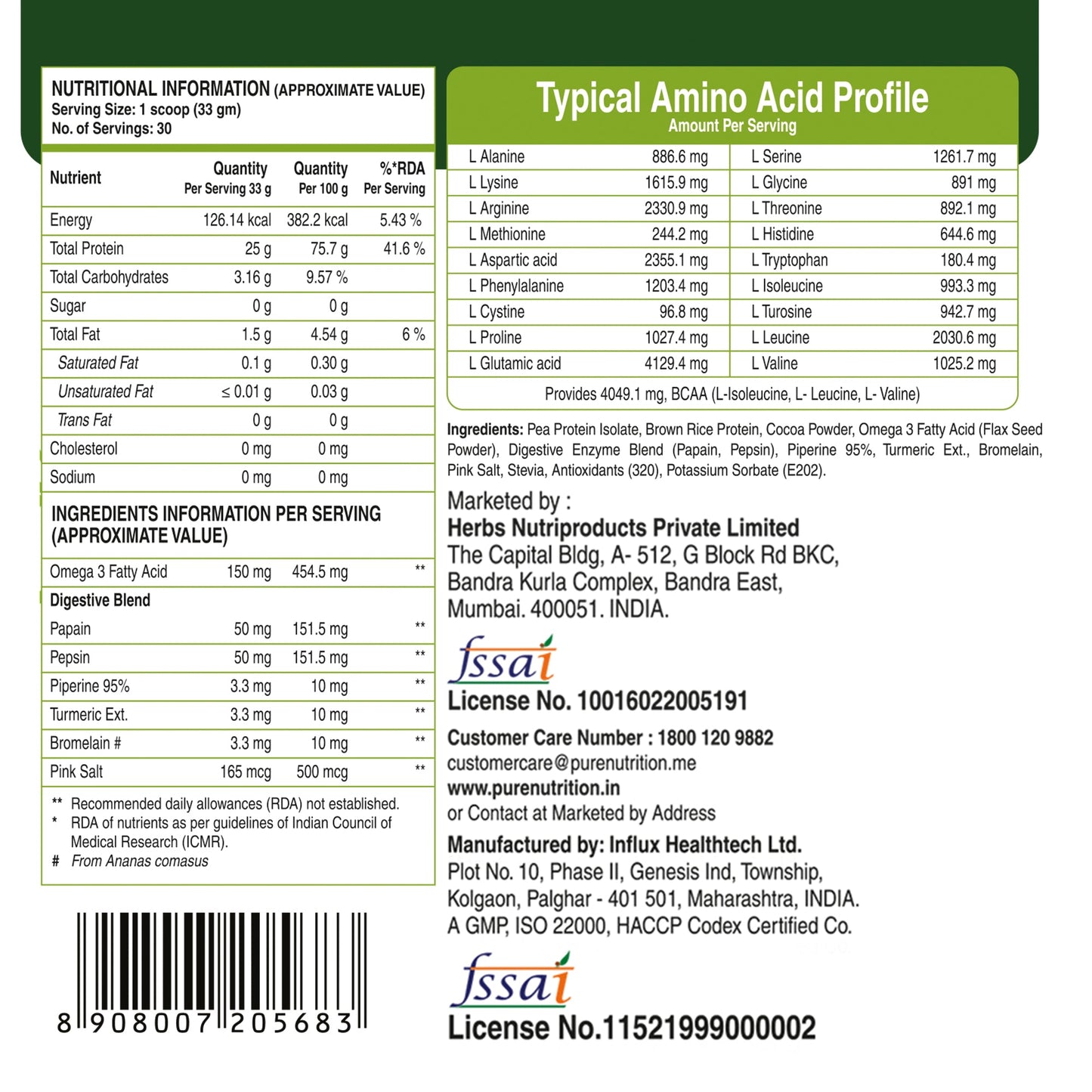Nutrition facts label and amino acid profile of vegan protein powder, showing protein content, ingredients, and essential amino acids per serving.