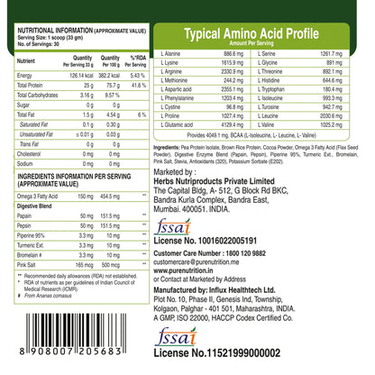 Nutrition facts label and amino acid profile of vegan protein powder, showing protein content, ingredients, and essential amino acids per serving.
